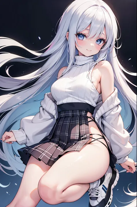 detailed image, realistic image, coherent image, 1 girl, has long white hair, her eyes are light blue, long eyelashes, oval face, smiling happily, wearing an off-shoulder sweater, pleated plaid mini skirt, thin thong, sneakers. Her body is curvy with mediu...