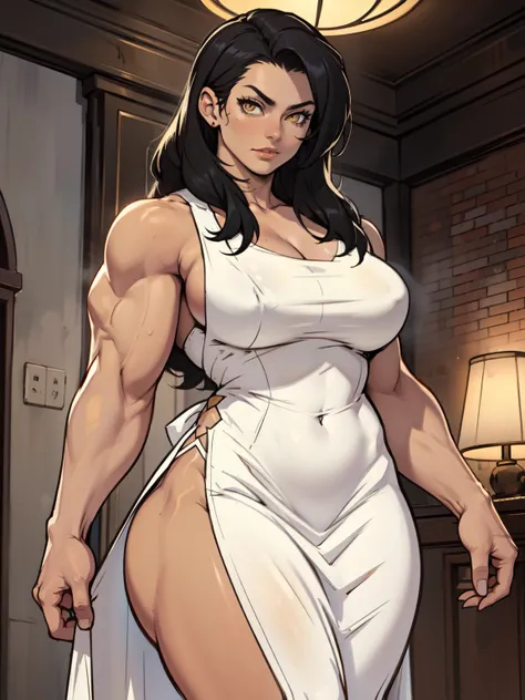 girl muscular toned body perfect anatomy large breasts thick thighs athletic black hair yellow eyes pale skin girl muscular toned body perfect anatomy large breasts thick thighs athletic evening gown evening gown intricate highly detailed