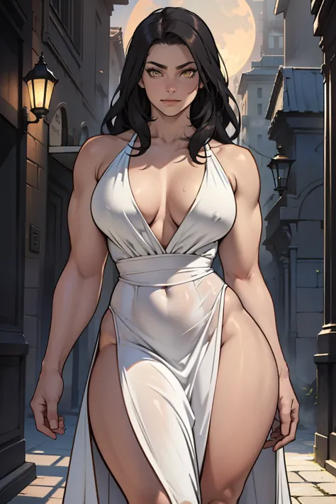 girl muscular toned body perfect anatomy large breasts thick thighs athletic black hair yellow eyes pale skin girl muscular toned body perfect anatomy large breasts thick thighs athletic evening gown evening gown intricate highly detailed