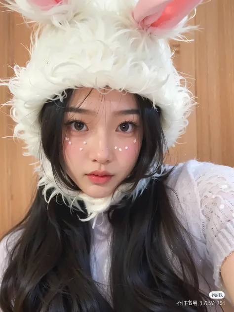 Korean woman wearing a bunny hat with pink ears and a white fur coat, Ulzzang, wan adorable korean face, ullzang Fofa, smol fluffy cat wearing smol hat, com pelo fofo branco, wearing a cute hat, e 2K Cutecore Clowncore, Sakimichan, jennie kim, cute young w...