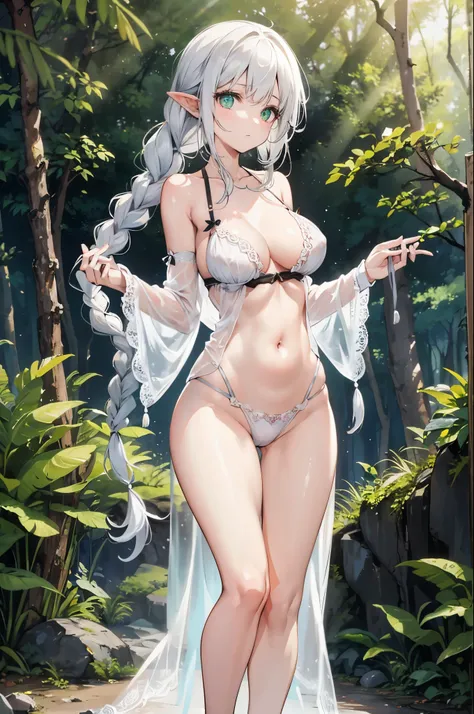 Fae girl, white hair, green eyes, eyeshadow, twin braids, white bikini, see through dress, skinny, narrow waist, flat stomach, long legs, posing in a forest, large breasts, fae, forest, thicc, lingerie, (fae:1.4), fae girl in a forest, dress, full body, th...