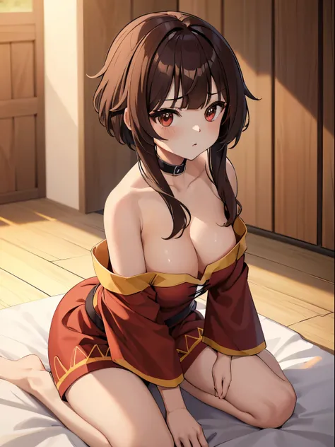 ((4k, obra-prima, best quality)), 1girl (Megumin), Cabelos castanhos claros, cabelos curtos, olhos vermelhos, mediuml breasts, fofo, corar, roupa de banho, 夏天