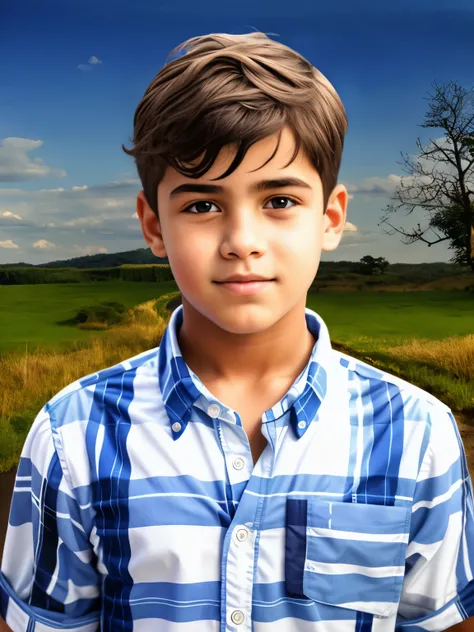 (menino 10 anos de idade), em uma camisa azul e branca, foto retrato realista, Max Dennison, hiper-realista , foto realista portrait, retrato vfx altamente detalhado de, foto realista style, Where is the, fotografia fotorrealista, Asher Duran, arte digital...