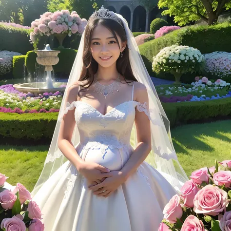 (masutepiece、top-quality、8K、Highly Detailed and Complex Detail、The most complex and detailed textures、Super High Detail)、(1 very young 10 year old pregnant bride:1.3)、large full breasts、The most luxurious wedding dress、wedding lace、The finest giant tiara、T...