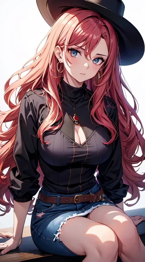 (best quality:1.5, highres, UHD, 4K, detailed lighting, shaders), red wavy hair, gradient hair, large breasts, black shirt, skirt jeans, mature woman , black Witcher hat, (pov), white background, colorful eyeshadow, dramatic lighting, sparkling eyepression...