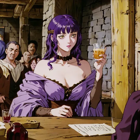 A woman with purple hair and yellow eyes, in a tavern, portrait HD