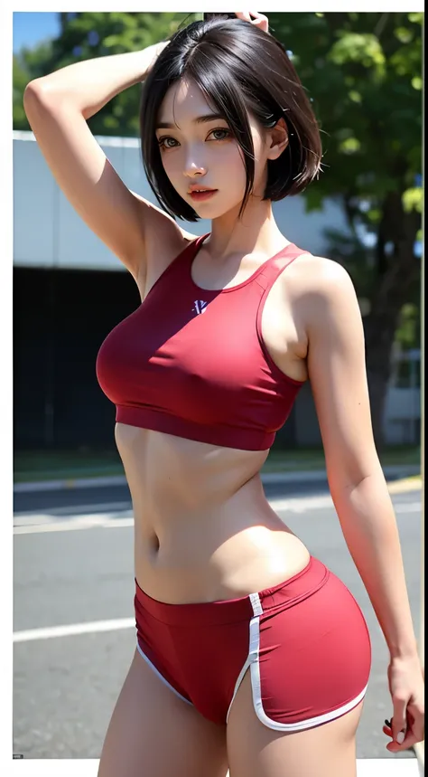 super model、Bob Hair、Sports Women、perfect  detail、sports wear、tight female body、