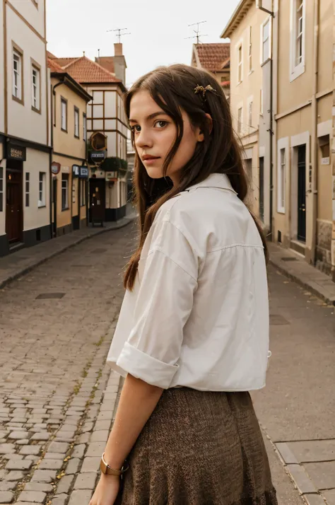 {there is a young girl in an 18th century town. she is beautiful, and attractive. she is wearing 18th century vintage clothes. she has beautiful long brown hair, and beautiful hazel eyes. the town is an 18th century european. the road is made of cobbleston...