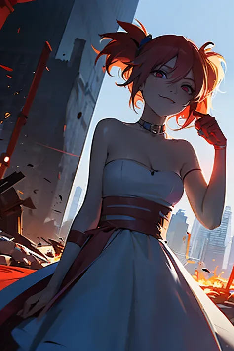 A girl, white eyes, black and red hair, long light blue dress, Harley Quinn face, perfect hand, beautiful face, in the background a destroyed city, blue skin, best quality, masterpiece