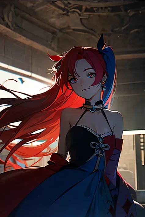 A girl, white eyes, black and red hair, long light blue dress, Harley Quinn face, perfect hand, beautiful face, in the background a destroyed medieval city, blue skin, best quality, masterpiece