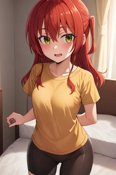 1 girl, best quality, ultra high res, long hair, red hair, green eyes, looking at viewers, small breast, standing, pov, slim body, loli body, small body, smile, open mouth, yellow shirt, short sleeves, bike shorts, bedroom, white bed sheets,