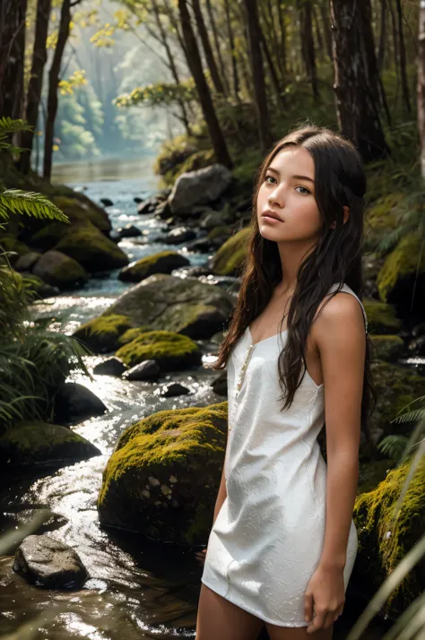 {there is a young girl standing by a river. she is beautiful, and attractive. she is wearing a white translucent dress. she has beautiful long brown hair, and beautiful hazel eyes. the river is in the middle of a forest. there is reeds and ferns by the riv...