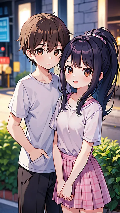 Girl and boy, 16 years old, standing together, smiling. He has brown eyes+Brown hair+Blue T-shirt and pants, and she has black eyes+Ponytail black hair+Shirt and shorts, background in a public place, selfie, high resolution, high detail, detailed face, det...