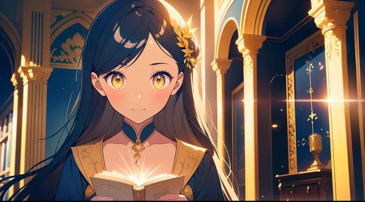 1 mature girl with long blue and yellow eyes, looking at camera, alone, High detail face, tie hair on the left side, golden eyes, full yellow cape, black priest cloth, shining Book . Small Wand, floating shining crown, Walking in Hallway , Library , Public...