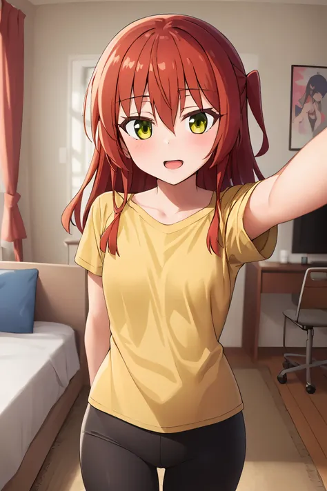 1 girl, best quality, ultra high res, long hair, red hair, green eyes, looking at viewers, small breast, standing, pov, slim body, loli body, small body, smile, open mouth, yellow shirt, short sleeves, bike shorts, bedroom, white bed sheets,