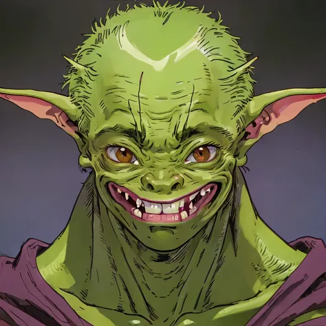 (goblin:1.2,portrait HD,realistic:1.37),vivid colors,detailed eyes and face,long pointed ears,wrinkled skin,sharp teeth,greenish complexion,hunched posture,creepy smile,dark background,sinister lighting