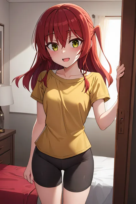 1 girl, best quality, ultra high res, long hair, red hair, green eyes, looking at viewers, small breast, standing, pov, slim body, loli body, small body, smile, open mouth, yellow shirt, short sleeves, bike shorts, bedroom, white bed sheets,