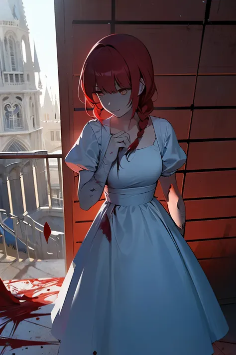 A girl, white eyes, black and red hair, long light blue dress with blood, psychotic look, perfect hand, beautiful face, in the background a destroyed medieval city, blue skin, best quality, masterpiece, hairstyle with double braids