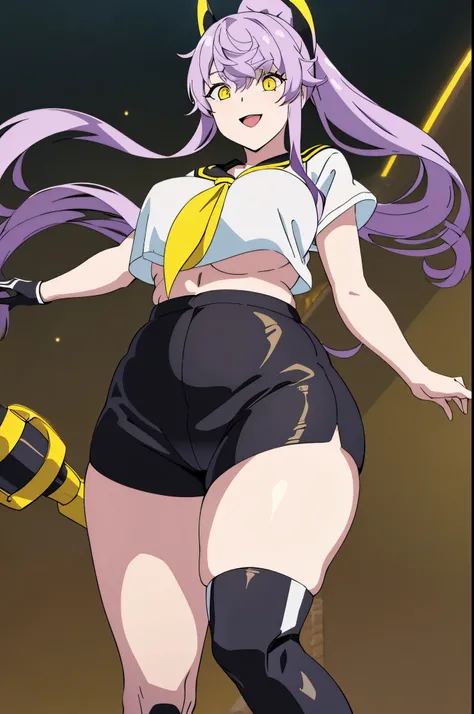 NSFW, Top-quality, Super high resolution, Anime style, masterpiece, Purifier, 1girl, solo, light purple hair, Very long ponytail, black gloves, black shorts, crop top, black and yellow hair clip, headgear, midriff, sailor collar, sailor shirt, short sleeve...