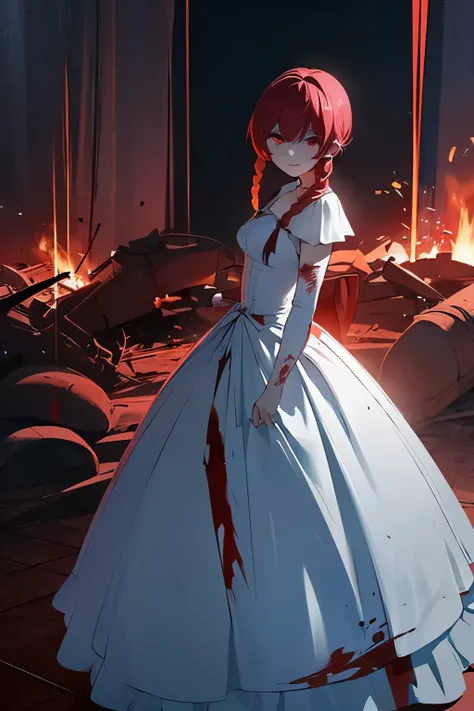 A girl, white eyes, black and red hair, long light blue dress with blood, psychotic look, beautiful face, in the background a destroyed medieval city, blue skin, best quality, masterpiece, hairstyle with double braids