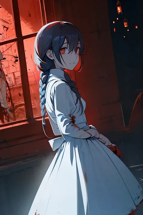 A girl, white eyes, black and red hair, long light blue dress with blood, psychotic look, beautiful face, in the background a destroyed medieval city, blue skin, best quality, masterpiece, hairstyle with double braids