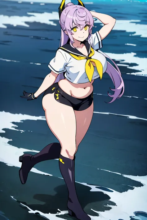 NSFW, Top-quality, Super high resolution, Anime style, masterpiece, Purifier, 1girl, solo, light purple hair, Very long ponytail, black gloves, black shorts, crop top, black and yellow hair clip, headgear, midriff, sailor collar, sailor shirt, short sleeve...