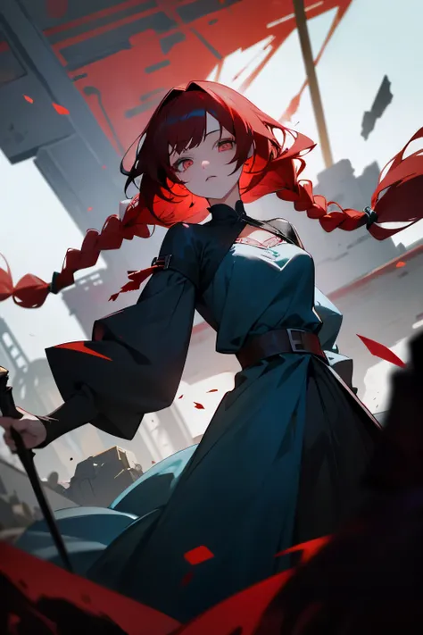 A girl, white eyes, black and red hair, long light blue dress with blood, psychotic look, beautiful face, in the background a destroyed medieval city, blue skin, best quality, masterpiece, hairstyle with double braids