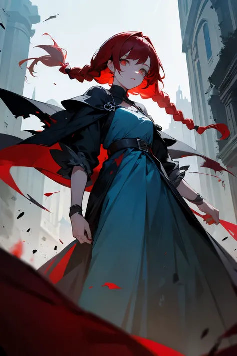 A girl, white eyes, black and red hair, long light blue dress with blood, psychotic look, beautiful face, in the background a destroyed medieval city, blue skin, best quality, masterpiece, hairstyle with double braids