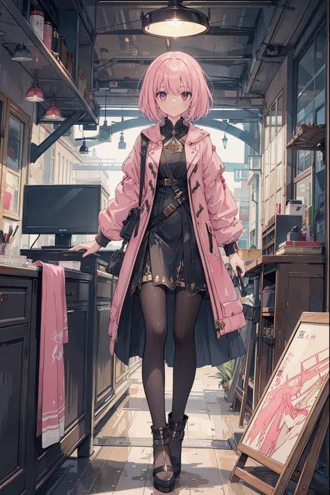 Prompt:-High spec beautiful girl, light pink hair color, short hair, female emperor, pink eyes, Final Fantasy style, full body, high pixel count, high image processing, high image quality, high resolution