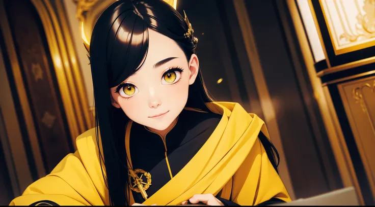 a single girl, black hair , yellow eyes, alone, high detail face, tie hair on the left side, yellow cape, black priest cloth, sh...