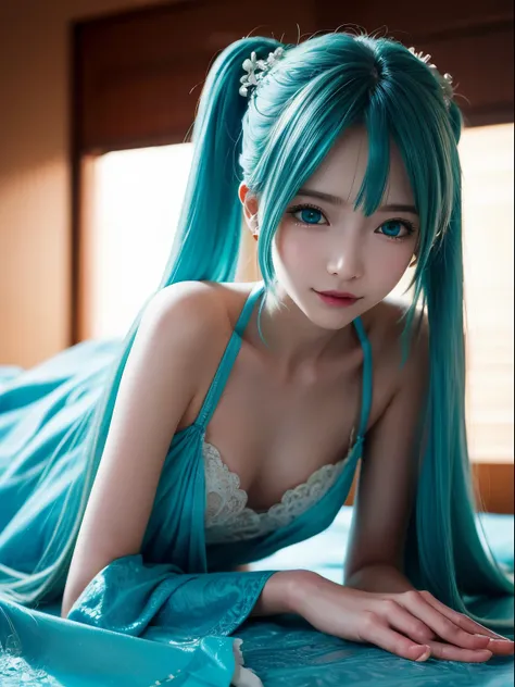 Photorealistic and beautiful attractive anime woman, super detailed, smiling, lying down, beautiful blue eyes, beautiful style, Hatsune Miku, slender, gentle expression, slender, (seductive anime girl), indoor, full body, fine skin, restrained skin, seduct...