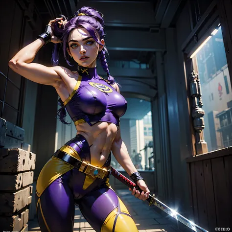 (((1girl))), ((linda garota com cabelo fofo Rosa)), (seios grandes:1.4),Sagging Tits, ((A woman with purple hair and ponytail braid in a superhero pose)), Estilo Gil Elvgren, WLOP, Artgerm (((A 25-year-old woman with purple hair and ponytail braid wearing ...