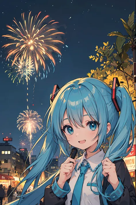 Square, year-end countdown, fireworks event, Hatsune Miku, smile, laugh