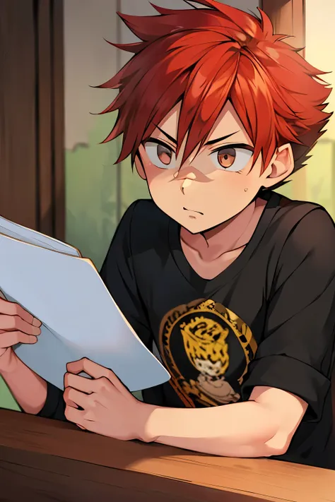 aizen kunitoshi (aizen kunitoshi)、erect、red hairs、10-year-old boy、reading a letter while holding it in the right hand、surprised ...