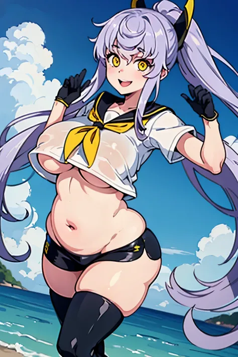 NSFW, Nude, Top-quality, Super high resolution, Anime style, masterpiece, Purifier, 1girl, solo, light purple hair, Very long ponytail, black gloves, black shorts, crop top, black and yellow hair clip, headgear, midriff, sailor collar, sailor shirt, short ...