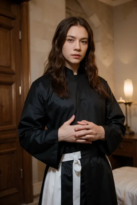 ArkhangeL with long red curly hair and blue eyes and a priest black cassock with a Korean Bo on his hand