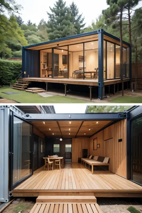 A house renovated from a standard 12m container，Exterior decorated with wooden panels。There is a large floor-to-ceiling glass。effect in forest