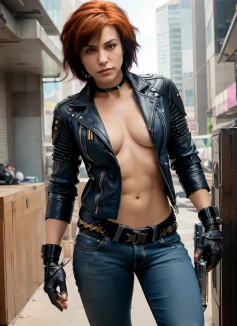 masterpiece, detailed, best quality, award-winning photo, attractive, cyberpunk bounty hunter merc, joan jett, transgender with bulge, transwoman with mens bulge, gorgeous joan jett translady seen from front angle as she enters her living room, shoulder le...