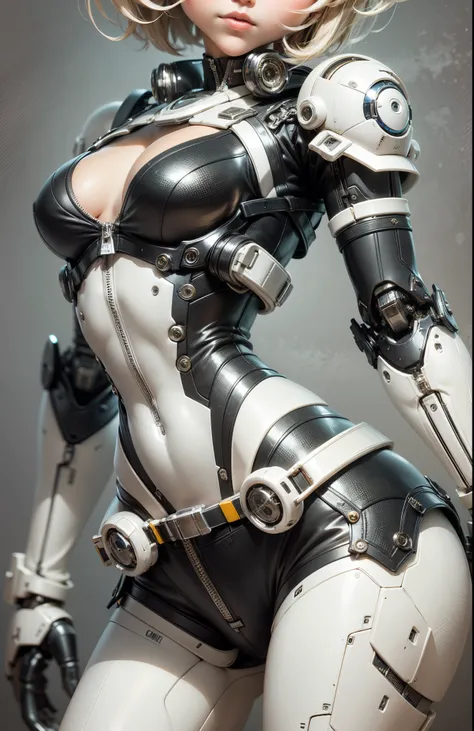 Very cute human 18 year old girl face, doll-like body with robot arm, robot waist and legs, very cute and feminine, short, petite, small, full hip, medium bust, tight-fitting white armor, cleavage, flat belly visible, helmet with antenna, robot joint, very...