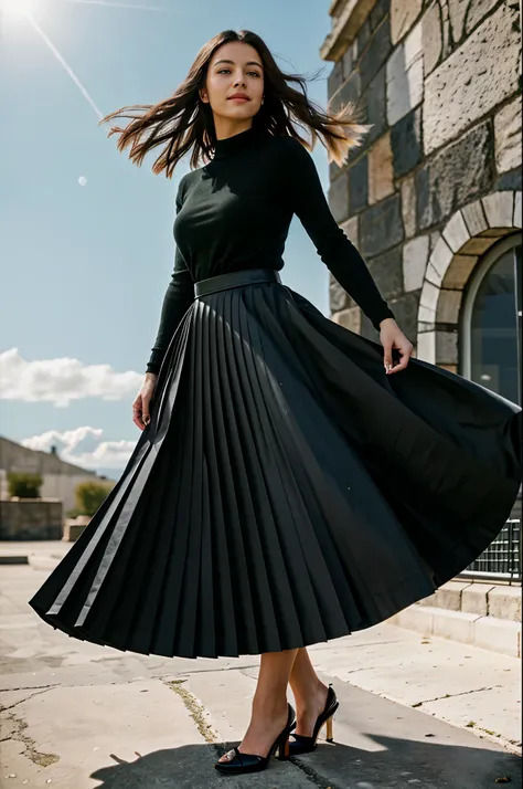 (authentic:1,1) (shy:1,2) smiling:1,1) woman wearing very detailed (long (pleated) full circle skirt) and (low heeled office shoes), very intricate hyper-detailed symmetric (attractive graceful feminine face) with (sad, tired eyes and a shy smile), large b...