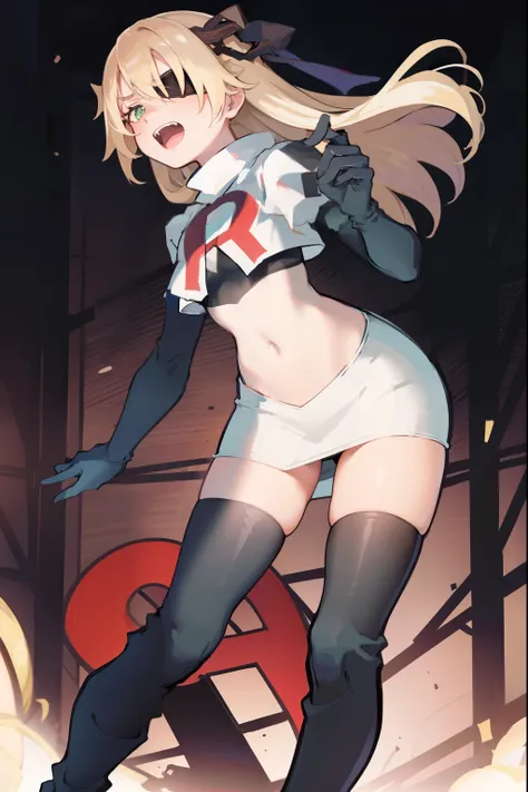 absurdres, fischl (dunkelnacht sakrament) (genshin impact), green eyes, (white pupils:1.2), fischl (genshin impact), medium_breasts, blonde hair, eyepatch, long hair, hair over one eye, bangs, hair ribbon, small breasts, 1girl, team rocket,team rocket unif...