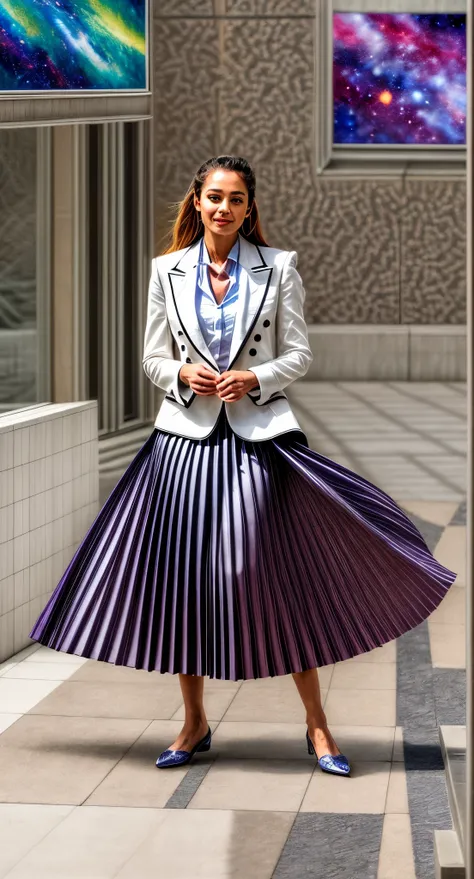 (authentic:1,5) (shy smiling:1,1) woman wearing very detailed (long (pleated) full circle skirt) and (low heeled office shoes), very very intricate hyper-detailed symmetric (attractive graceful feminine face) with (sad, tired eyes and a shy smile), large b...