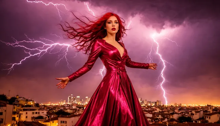 1 girl "Molly Ringwald com vestido Verde longo", flutuando na cidade with lightning bolts, Mulher no vestido Verde longo com cabelo vermelho e preto, gothic maiden, Art not Guweiz style, No estilo de arte Bowater, 8k arte detalhada de alta qualidade, gothi...