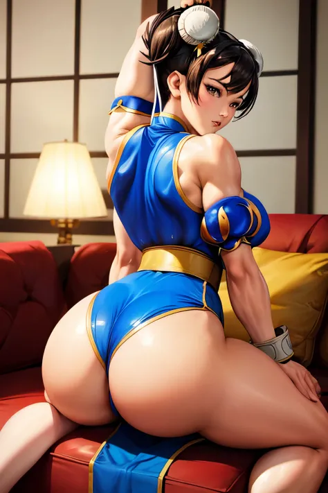 ((Chun li)), ((big ass)), ((better quality)), ((master piece)), Shes in a living room, sitting on the couch