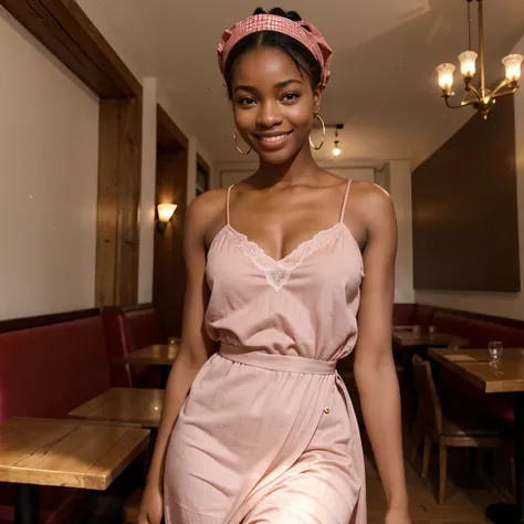 Superb haute definition, fille africaine de 22ans, lunette en forme ronde,beau sourire, yeux fixant,dans un restaurant ,robe rose ,