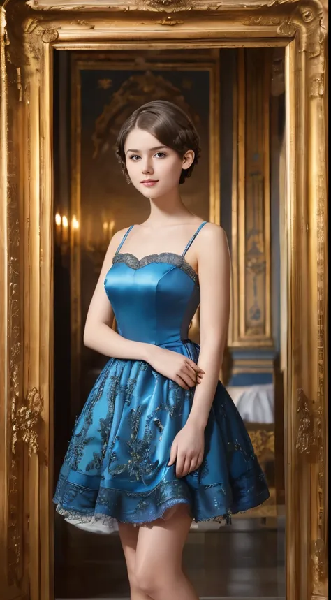 142
(a 20 yo woman,in the palace), (A hyper-realistic), (high-level image quality), ((beautiful hairstyle 46)), ((short-hair:1.46)), (kindly smile), (breasted:1.1), (lipsticks), (wearing a blue dress), (murky,wide,Luxurious room), (florals), (an oil painti...