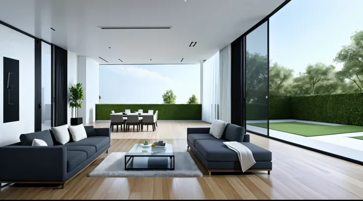 You are a famous interior designer、You have been asked to create a 3D image of a modern large room. Create a harmonious environment with modern and minimalist furniture. Including garden interior.