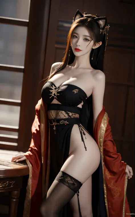 1 European and American vampire beauties:Imperial sister，domineering side leak，enchanting，Beauty model，being thin！！！，Skin is snow-white and smooth，curlies，combed blonde hair，腿finely长，Wear black stockings on the legs，Translucent white shirt，Expose her belly...