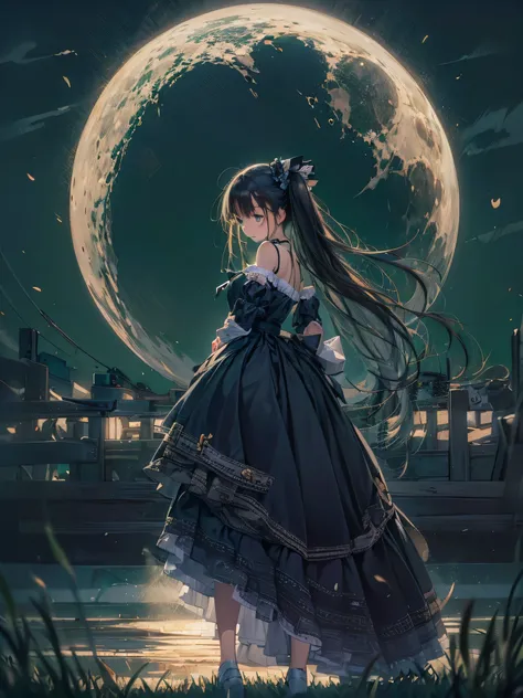 teen girl solo, Spoiled face,  Black twin tail hair, Black Long Made Dress, Standing, At night, Big Full Moon