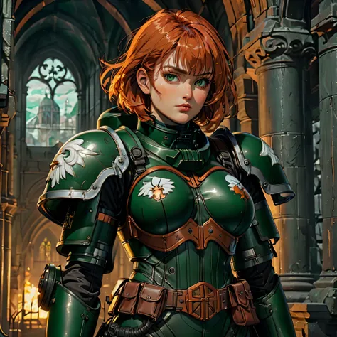 an ((full-shot)), masterpiece of an irish woman, copper hair, clad in a dark green power-armor from the dark-angels, set against...